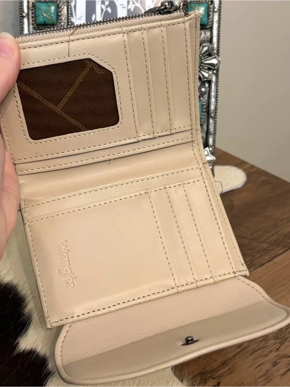 Wrangler Beige Faux Leather Crossbody Wallet with Brown Logo Patch